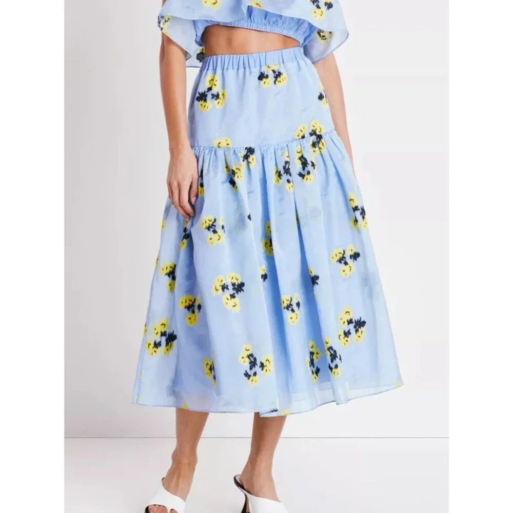 Tanya Taylor Lara Midi Skirt - Yellow/Blue Floral A-Line Sz Large